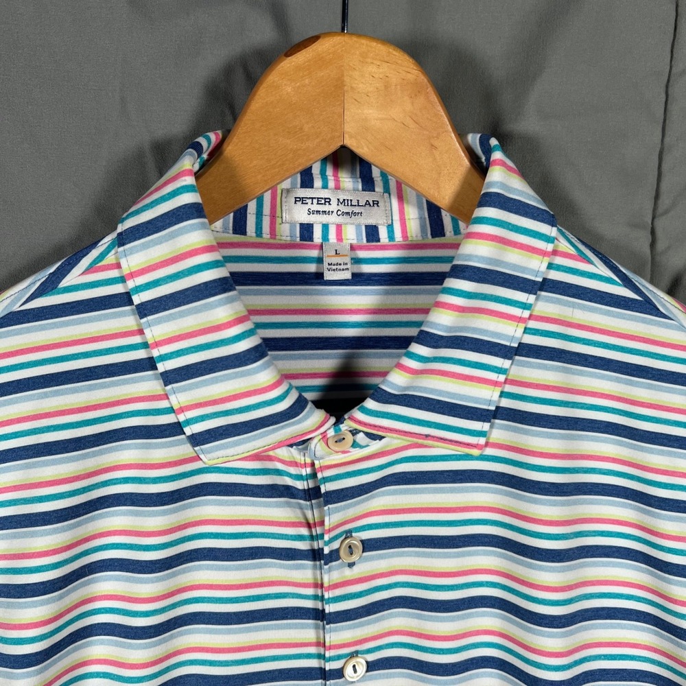 Peter Millar Shirt Men's L Colorful Stripes Summer Comfort Polo Golf Performance